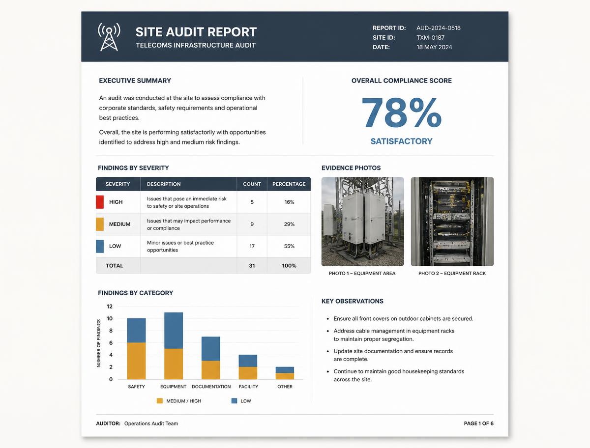 Illustrative Site Companion audit report showing score, severity table and evidence photos