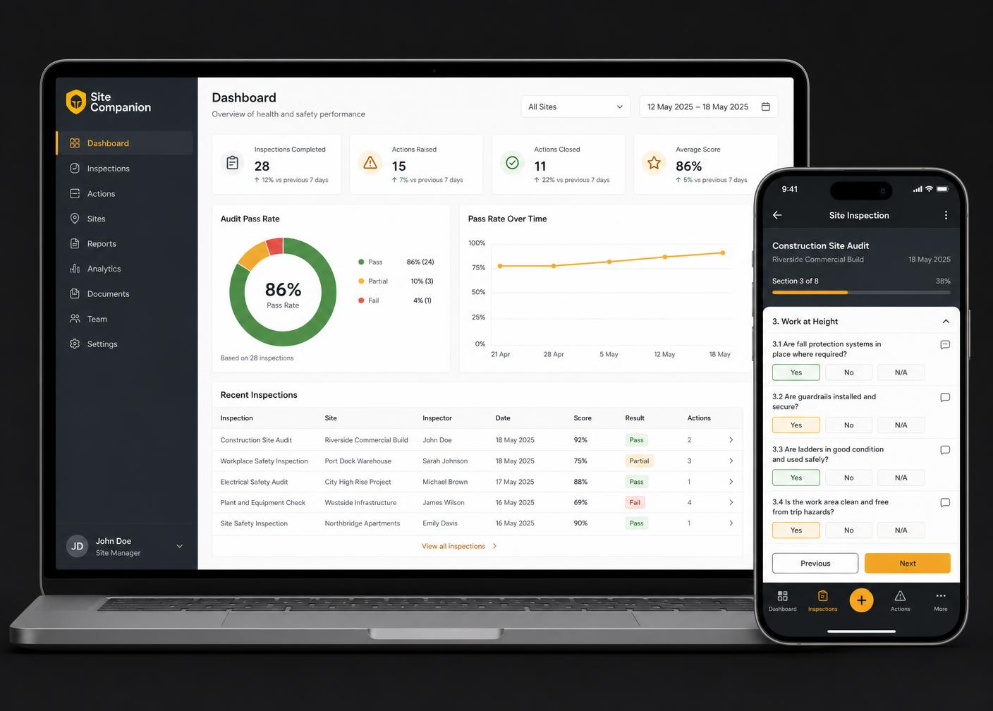 Site Companion dashboard on desktop alongside a site inspection in progress on mobile