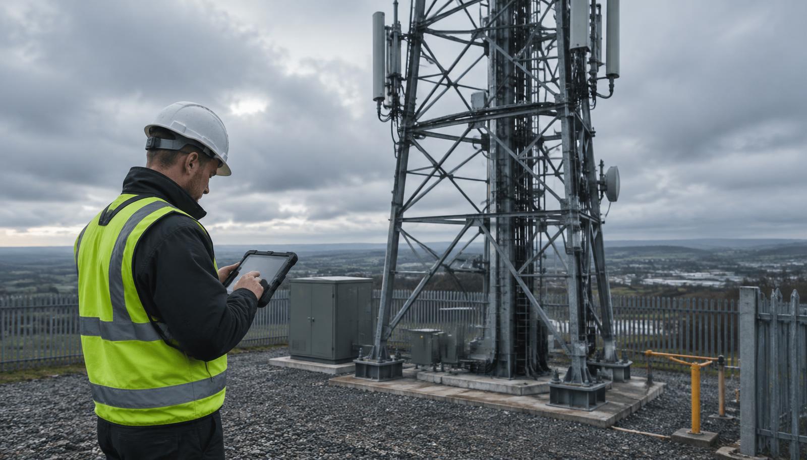 Field engineer reading site documentation on a tablet next to telecoms equipment